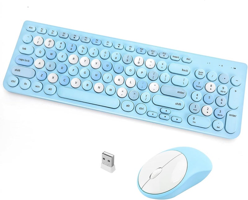GUKJOB Wireless Keyboard and Mouse Combo, Retro Typewriter Keyboard with Round Keycaps, 2.4GHz USB Cute Wireless Keyboard Mouse for Computer, Desktop, Laptop (Blue Colorful) - Image 1
